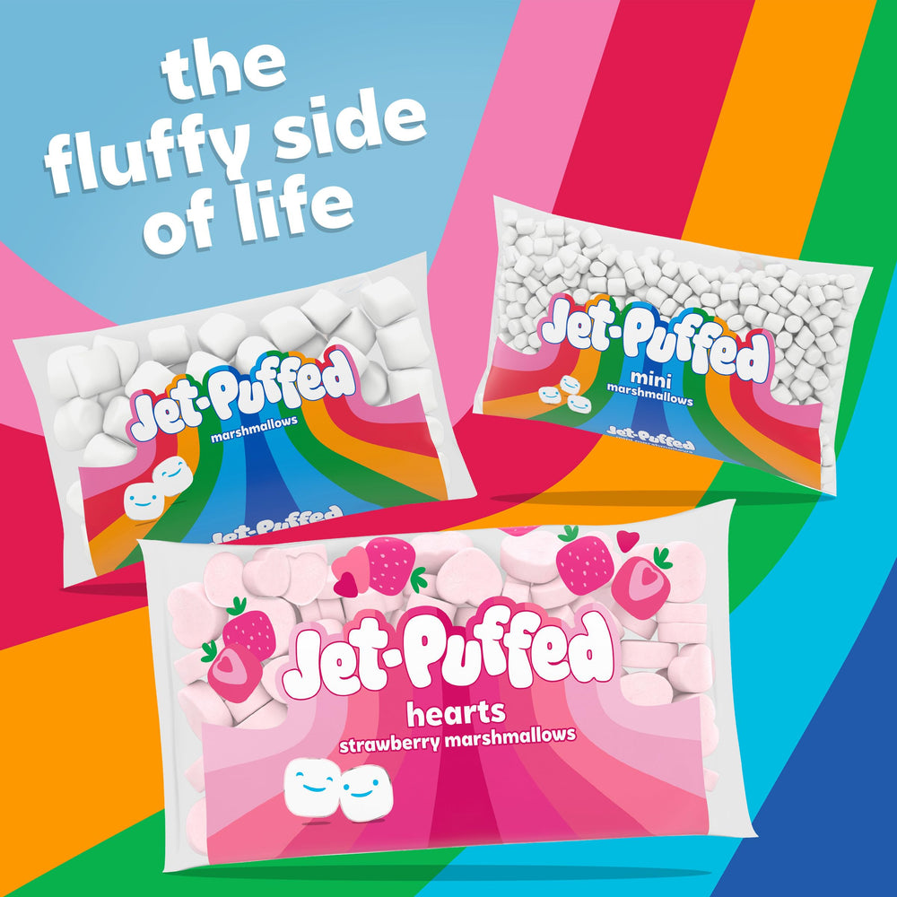 Jet-Puffed Strawberry Hearts Marshmallows served at a table with treats.