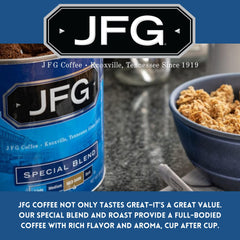 JFG ground coffee close-up highlights consistent grind for reliable extraction.