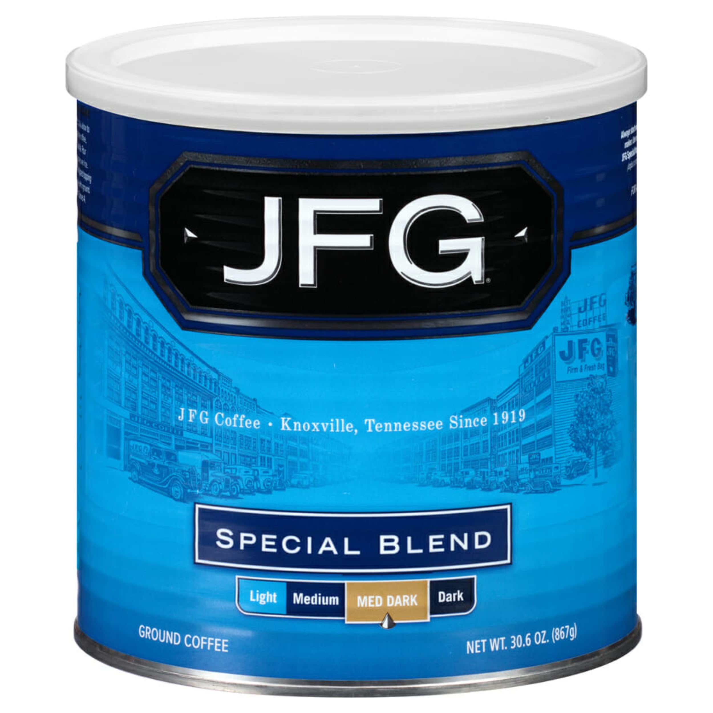JFG Special Blend medium-dark roast coffee can offers a rich aroma for mornings.