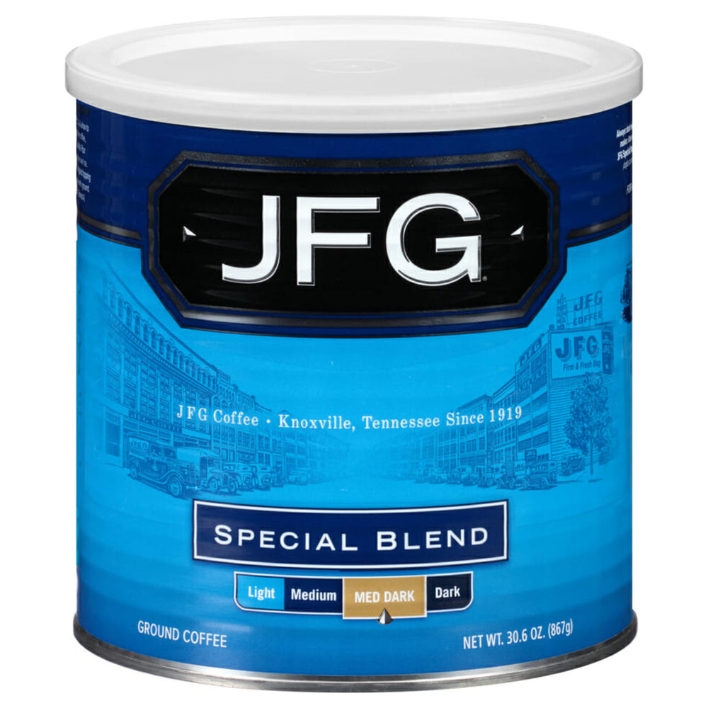 JFG Special Blend medium-dark roast coffee can offers a rich aroma for mornings.