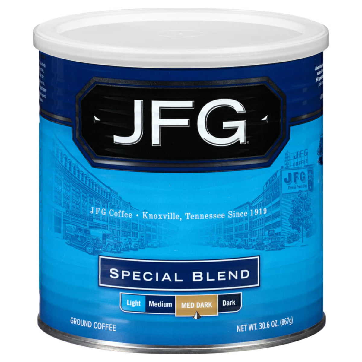 JFG Special Blend medium-dark roast coffee can offers a rich aroma for mornings.