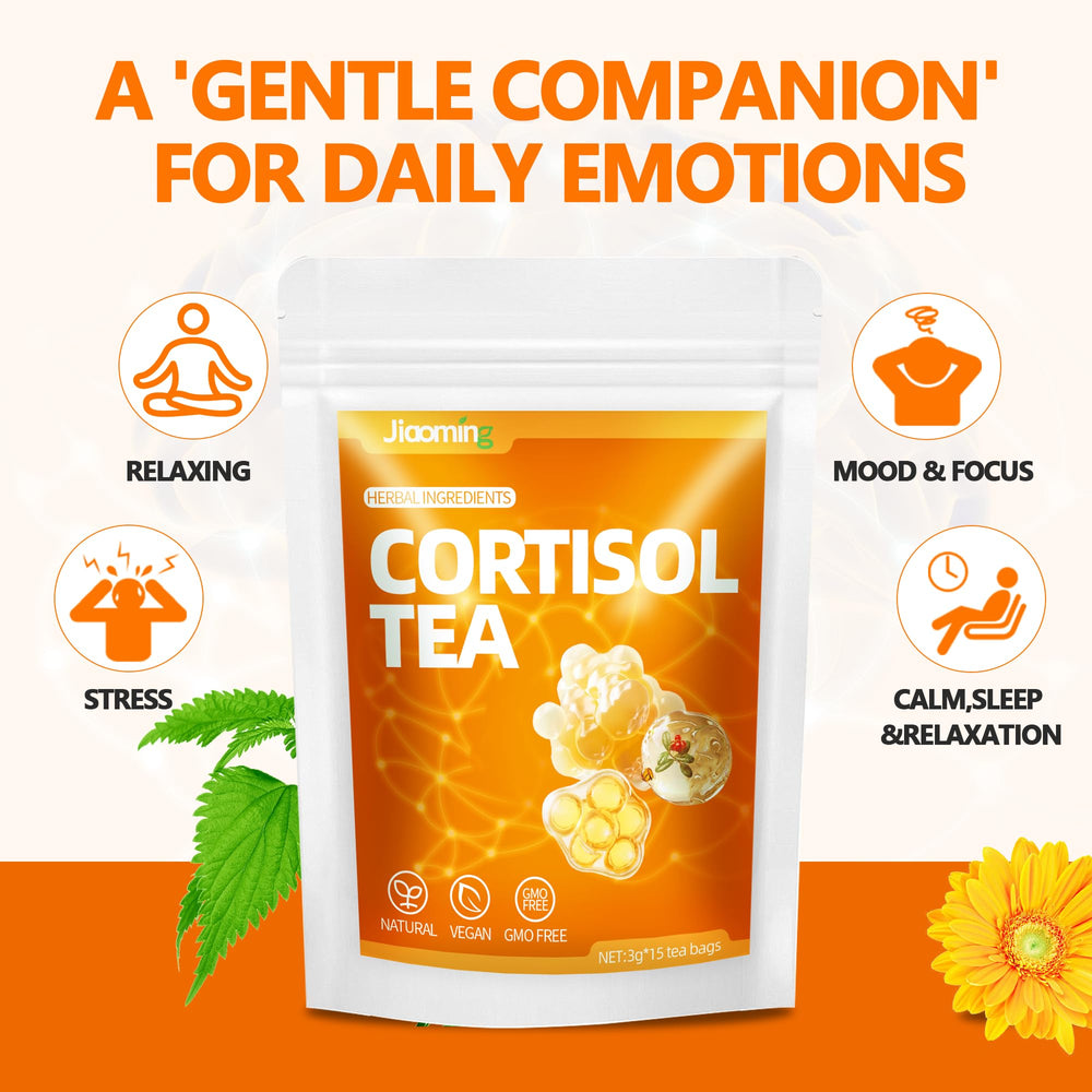Jiaoming cortisol tea in a mug during an afternoon calm ritual.