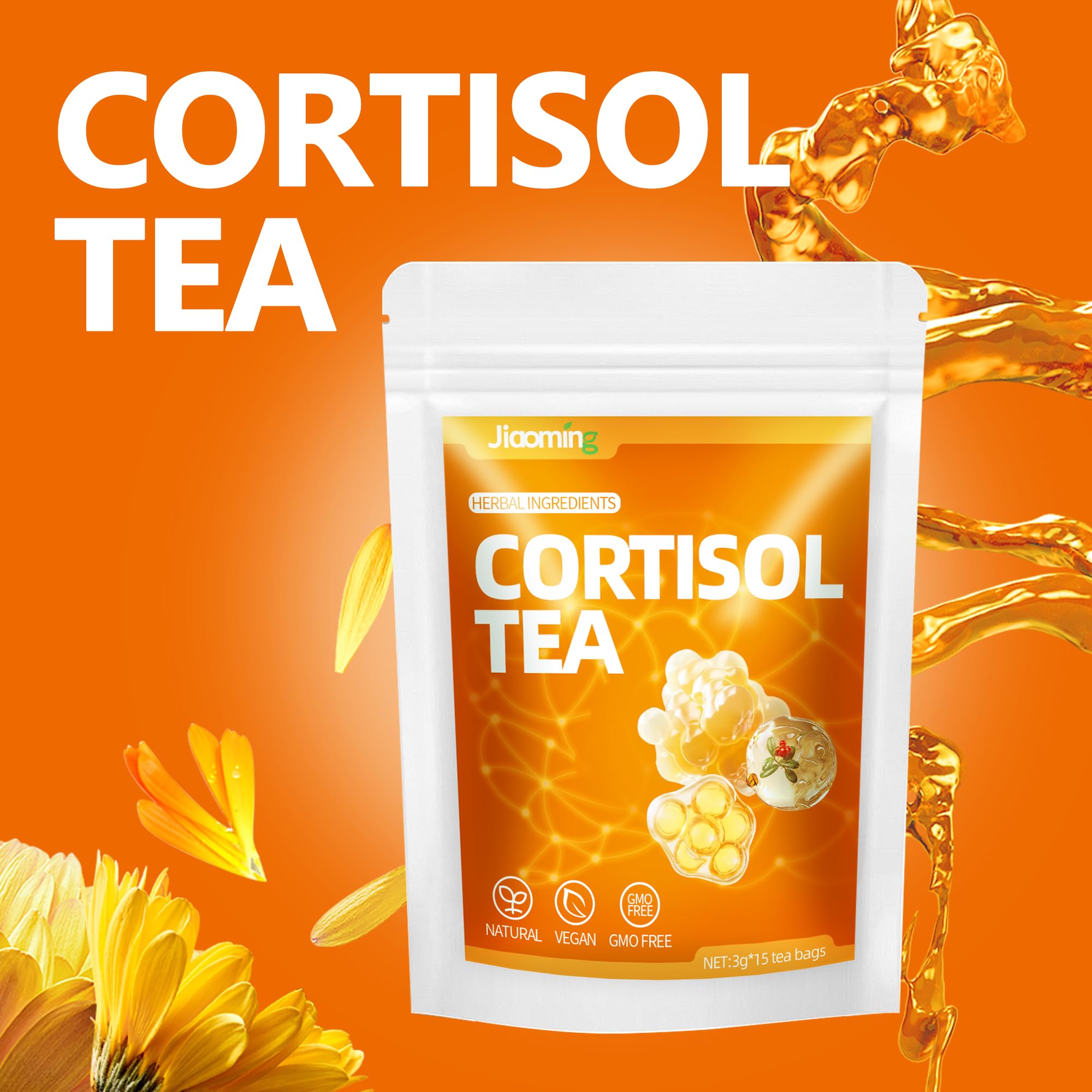 Jiaoming cortisol tea herbal ingredients close-up with chamomile and ashwagandha.