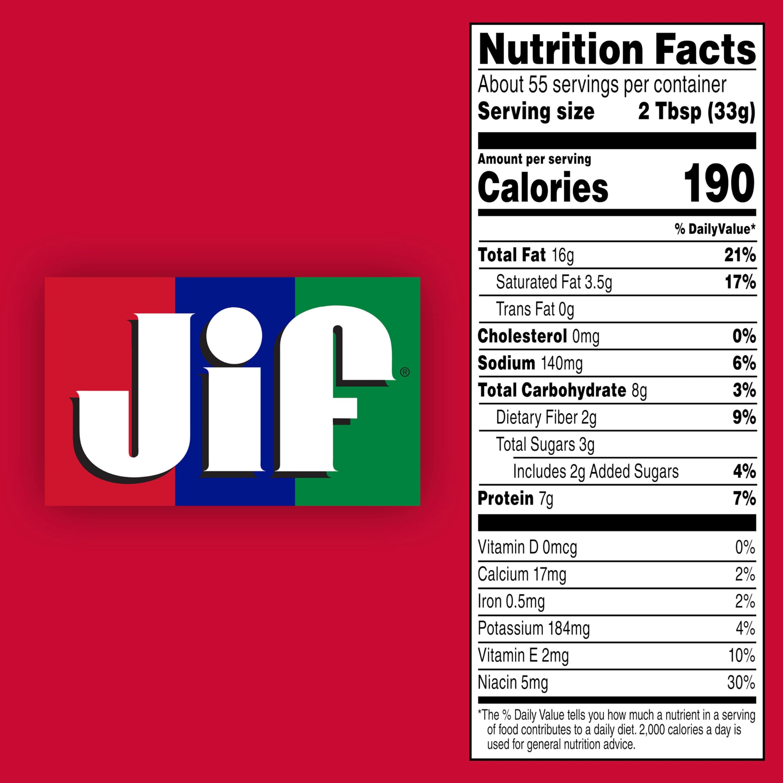 Jif Creamy Peanut Butter jar side view shows gluten-free, protein-rich claim