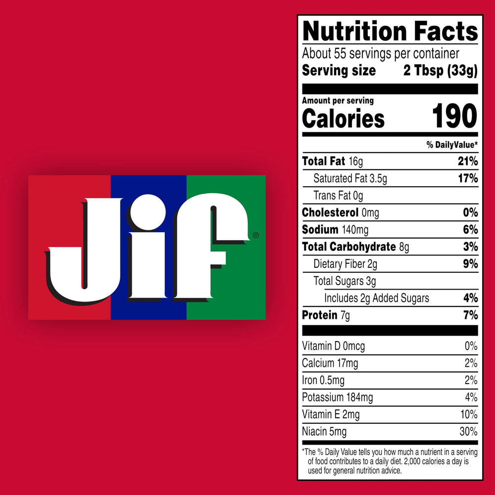 Jif Creamy Peanut Butter jar side view shows gluten-free, protein-rich claim