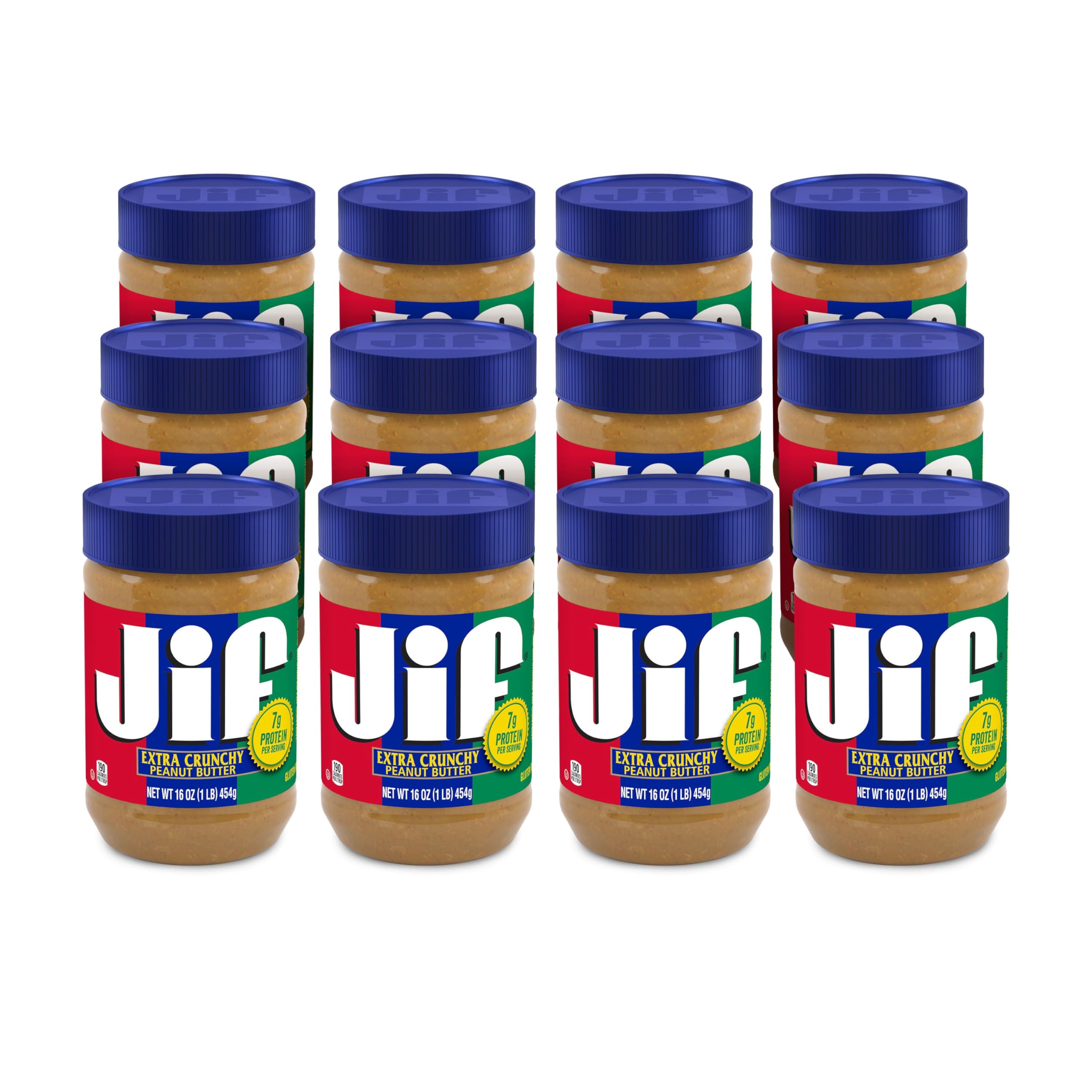 Jif Crunchy Peanut Butter jar front showing label and protein-rich spread for breakfast