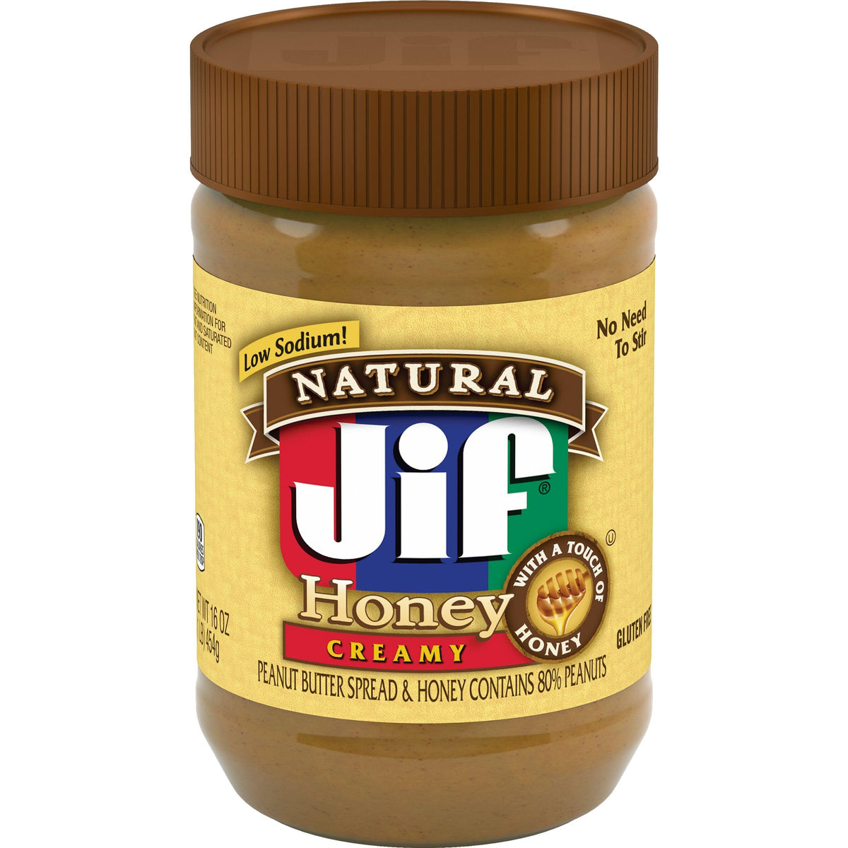 Jif Natural Creamy Peanut Butter with Honey jar 16oz – smooth, ready-to-spread texture.
