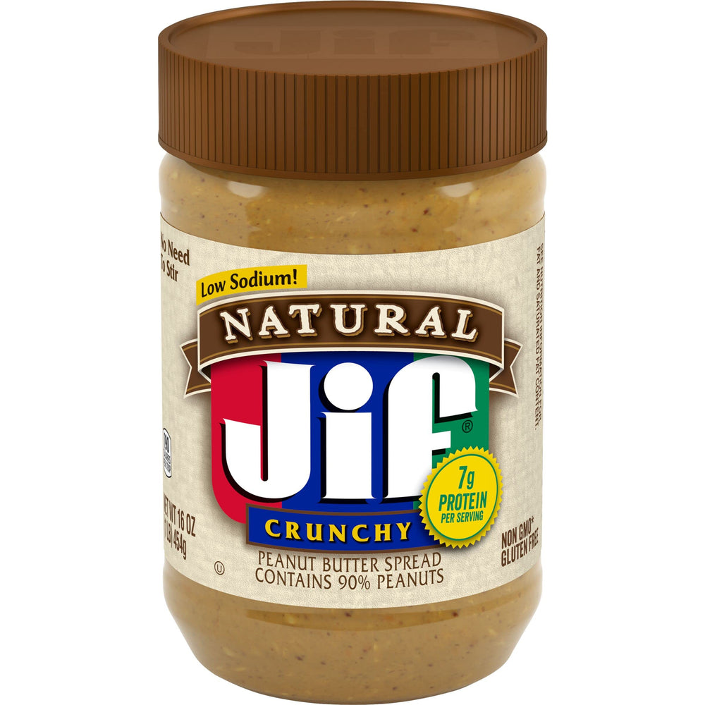 Jif Natural Crunchy Peanut Butter Spread jar showing chunky texture for protein-packed snacking