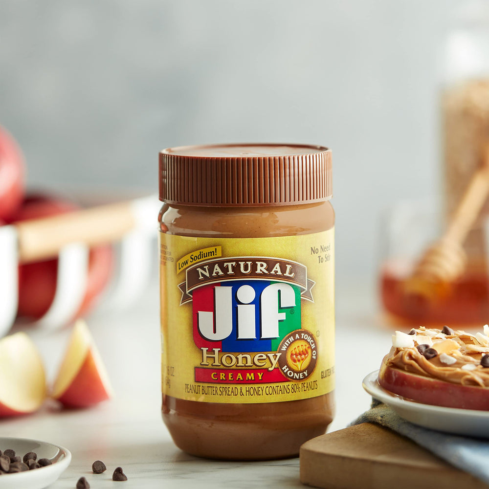 Jif peanut butter jar side view underlines 16-ounce convenient packaging.
