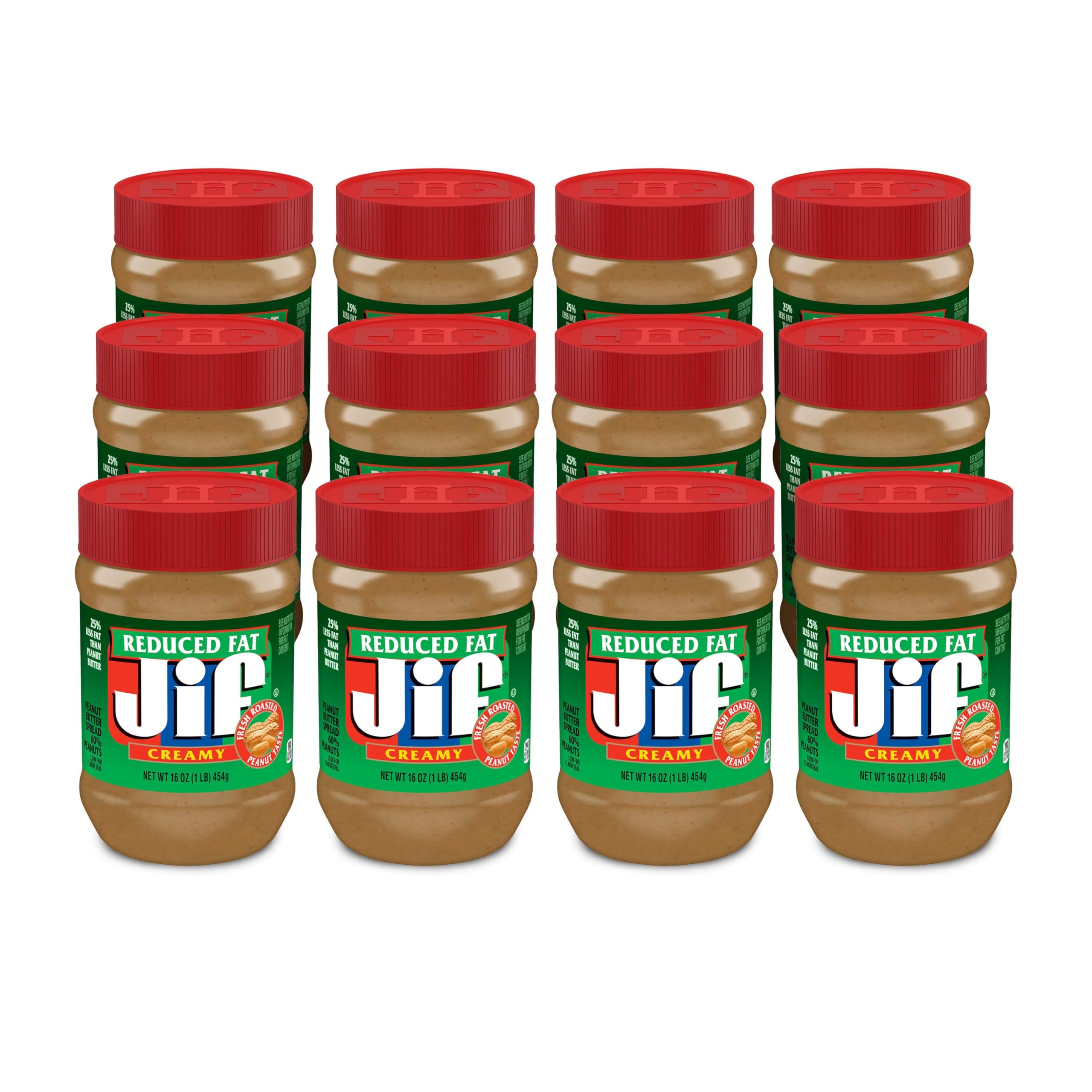 Jif Reduced Fat Creamy Peanut Butter jar with smooth texture for quick spreads.