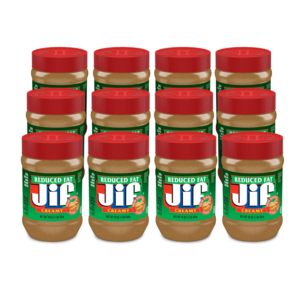 Jif Reduced Fat Creamy Peanut Butter jar with smooth texture for quick spreads.
