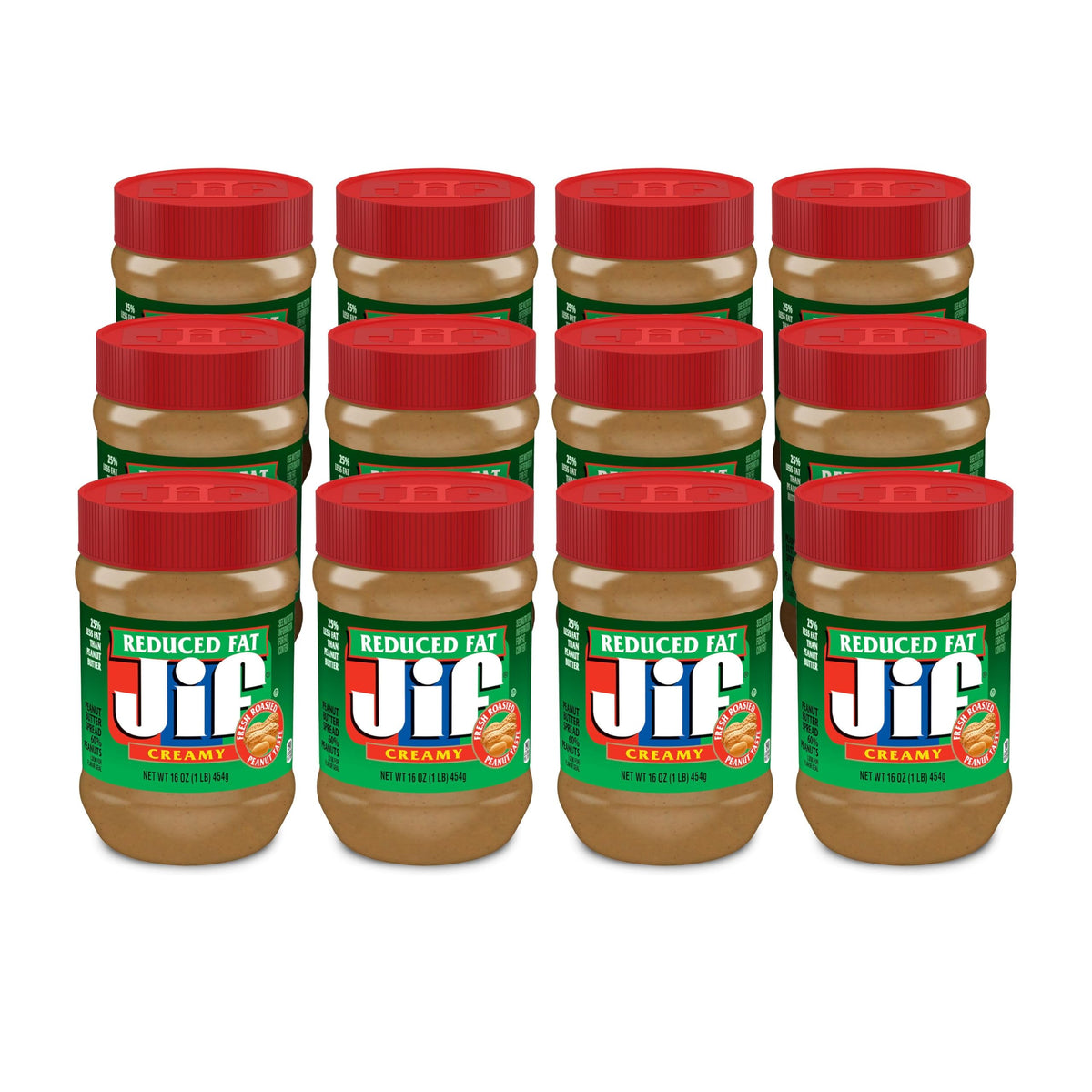 Jif Reduced Fat Creamy Peanut Butter jar with smooth texture for quick spreads.