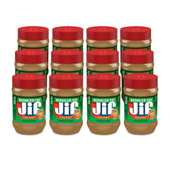 Jif Reduced Fat Creamy Peanut Butter jar with smooth texture for quick spreads.