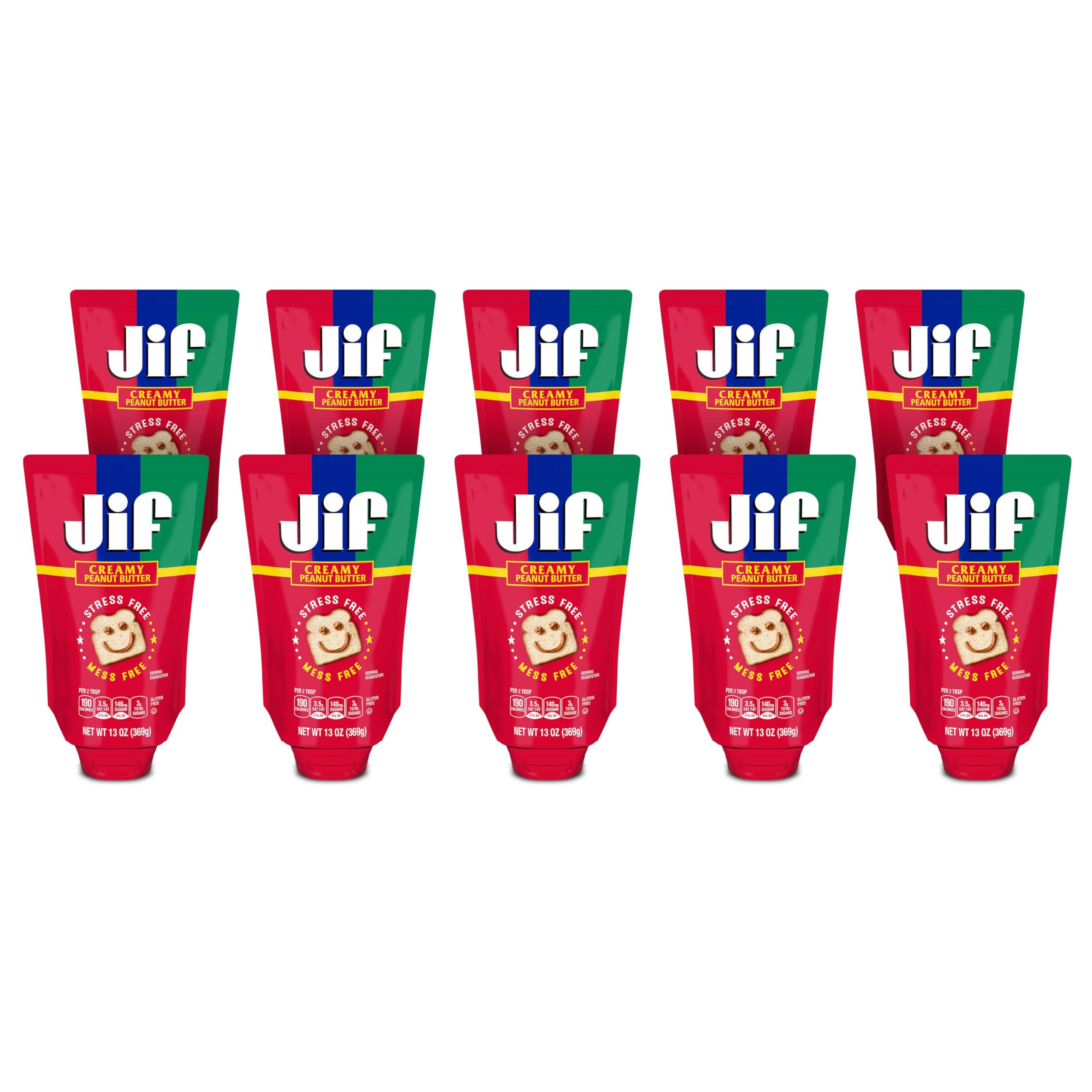 Jif Squeeze Creamy Peanut Butter 13 oz pouch ready for quick, mess-free snacks.