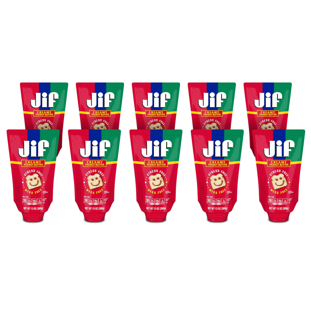 Jif Squeeze Creamy Peanut Butter 13 oz pouch ready for quick, mess-free snacks.