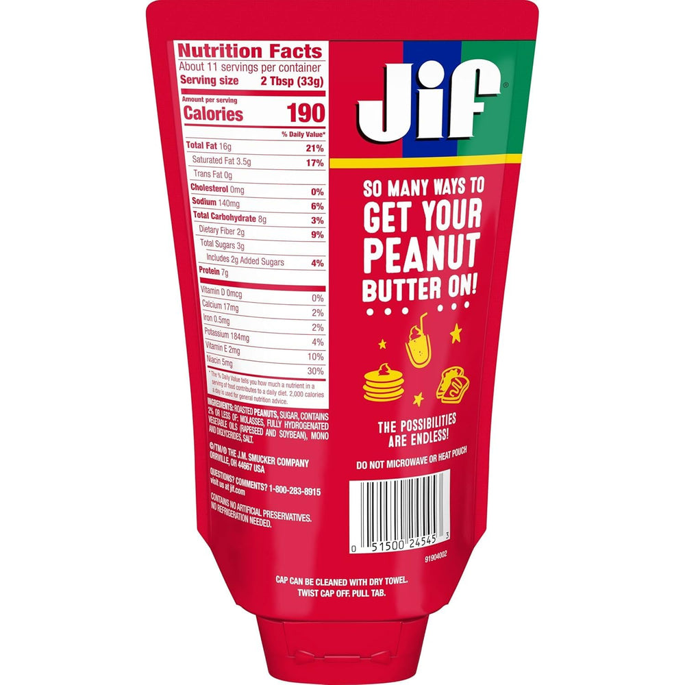 Jif Squeeze peanut butter being squeezed for easy on-the-go spread.