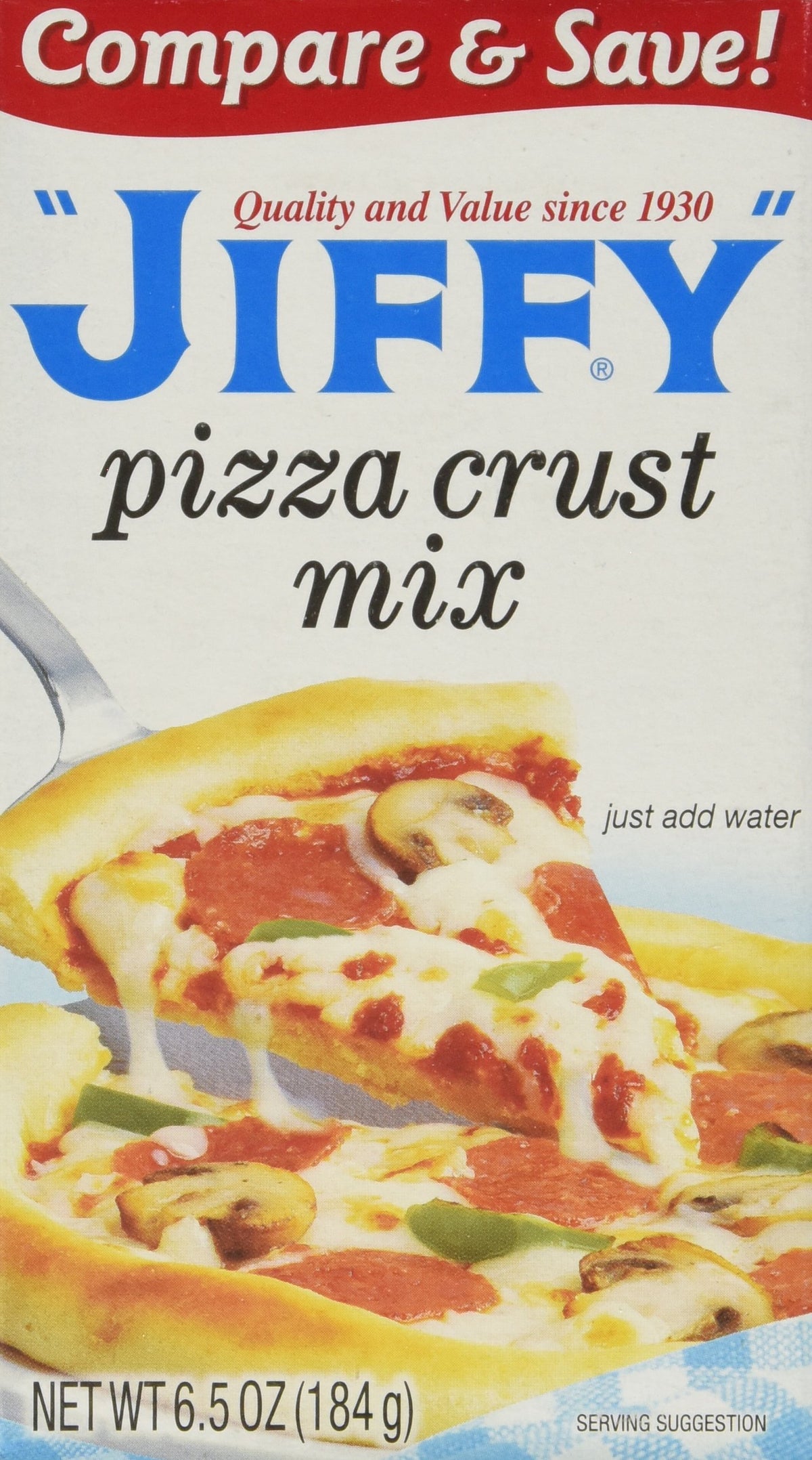 Jiffy Pizza Crust Mix six-pack box on the counter, quick dinner option