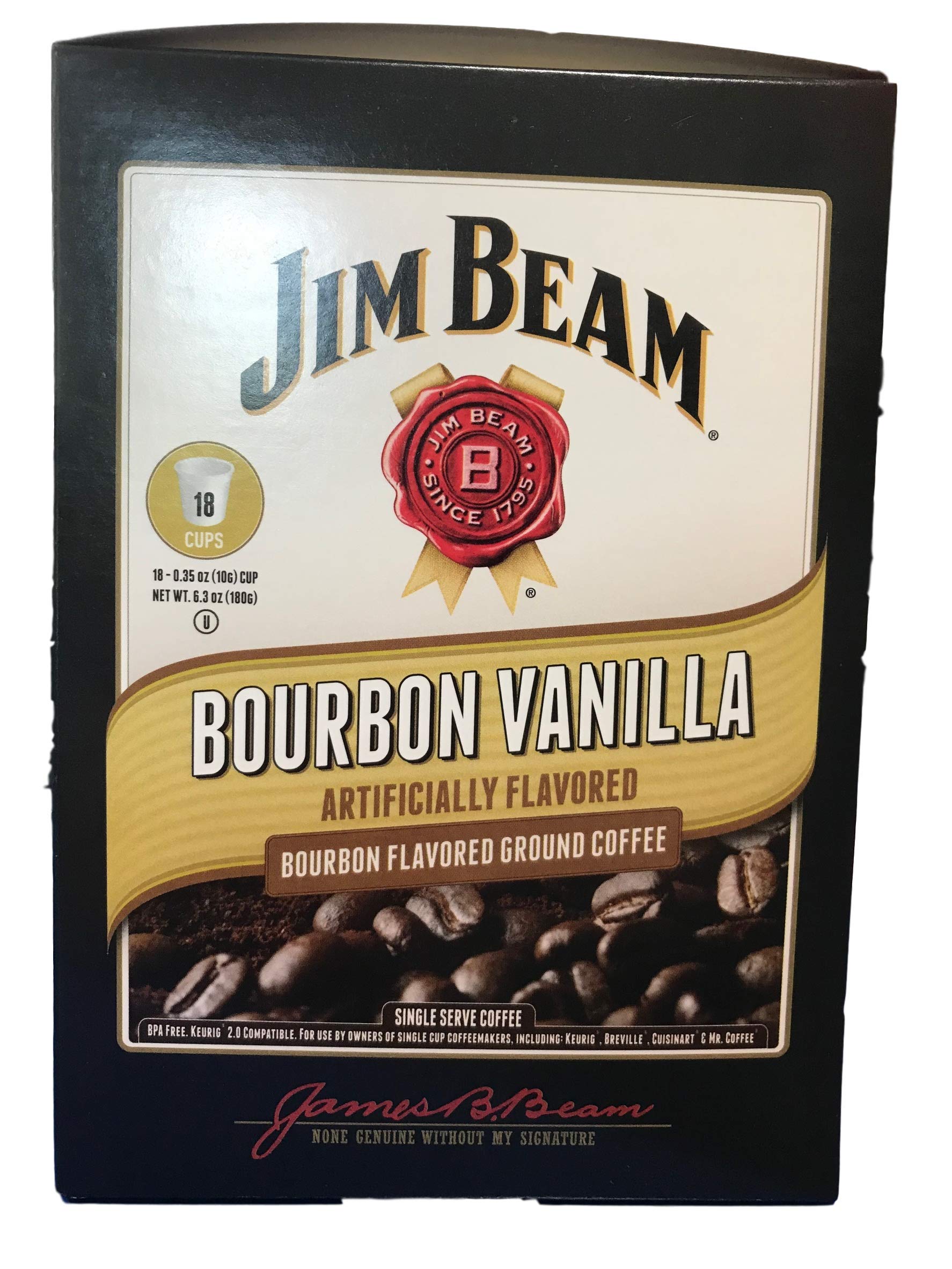 Jim Beam Bourbon Vanilla cups in a Keurig setup for quick vanilla brew.