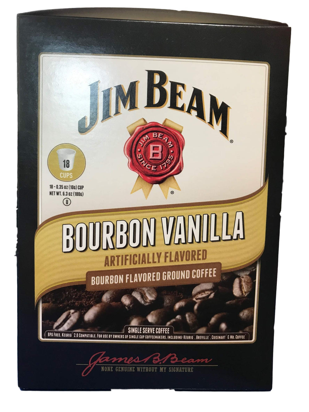 Jim Beam Bourbon Vanilla cups in a Keurig setup for quick vanilla brew.
