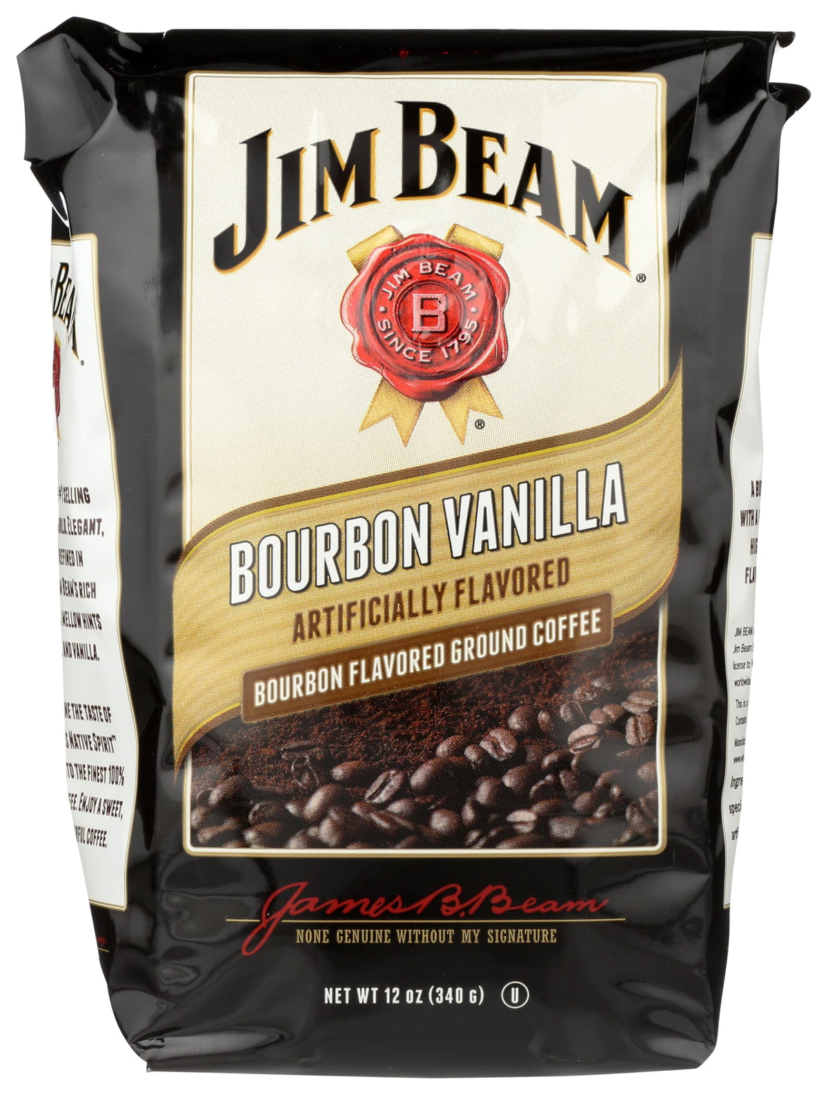 Jim Beam Bourbon Vanilla ground coffee bag with inviting aroma