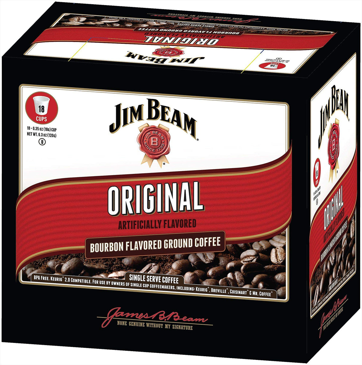 Jim Beam Original Bourbon coffee cup ready to brew with Keurig compatibility.