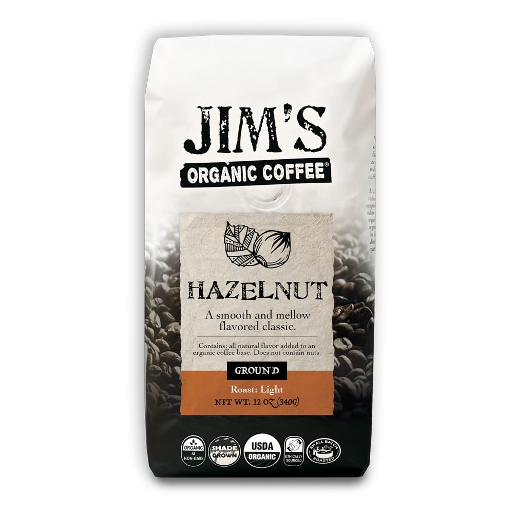 Jim's Organic Coffee Hazelnut ground coffee bag, perfect for drip brewing.