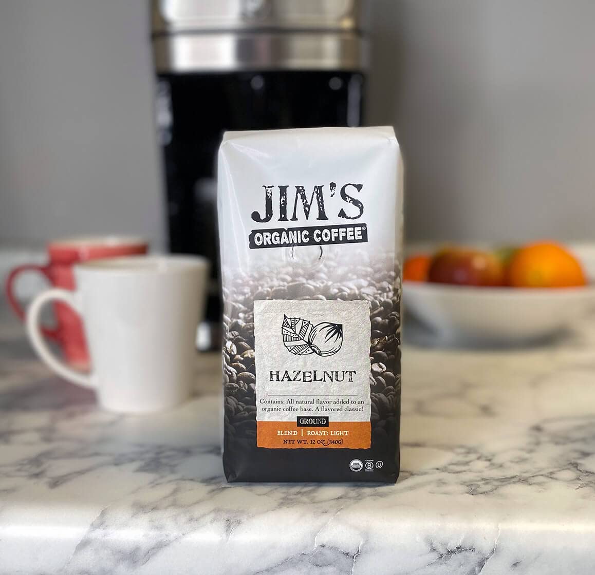 Jim's Organic Coffee Hazelnut roasted beans, ideal for fragrant mornings.
