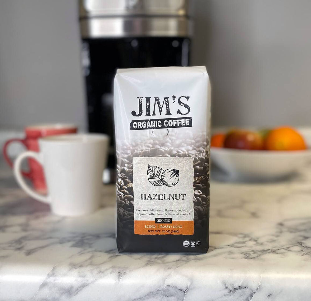 Jim's Organic Coffee Hazelnut roasted beans, ideal for fragrant mornings.