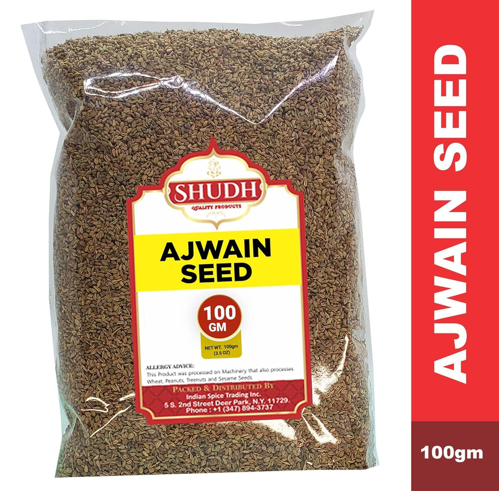 Jimidar SHUDH Ajwain seeds pack shot, crisp aroma elevates Indian recipes.