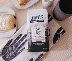 Jim’s Organic Coffee bag-one-way-valve preserves freshness from bag to cup
