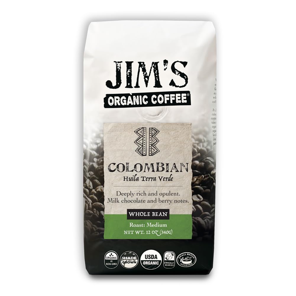 Jim's Organic Coffee Colombian single-origin bag for a rich brew