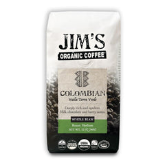 Jim's Organic Coffee Colombian single-origin bag for a rich brew