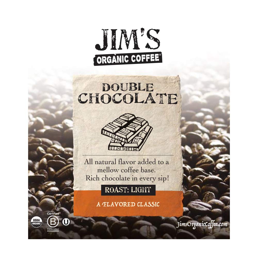 Jims Organic Coffee Double Chocolate ground coffee bag showcases rich aroma and roast.