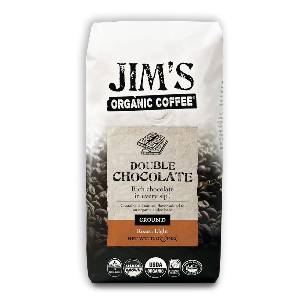 Jims Organic Coffee Double Chocolate pack shot highlights premium flavor and organic packaging.
