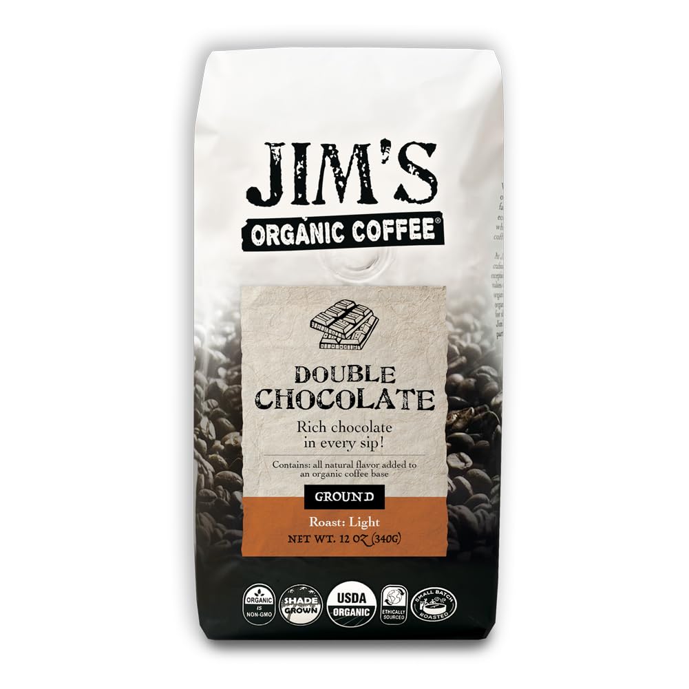 Jims Organic Coffee Double Chocolate pack shot highlights premium flavor and organic packaging.
