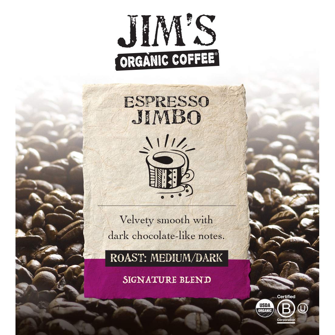 Espresso Jimbo 11oz bag showing certified organic, regeneratively grown beans for home brewing