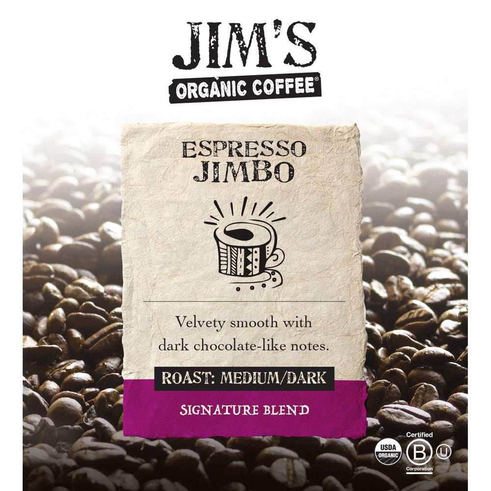 Espresso Jimbo 11oz bag showing certified organic, regeneratively grown beans for home brewing