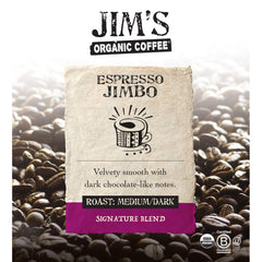 Espresso Jimbo 11oz bag showing certified organic, regeneratively grown beans for home brewing