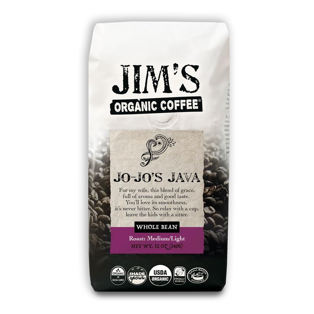 Jim's Organic Coffee Jo-Jo's Java Blend packaging shows roaster-fresh flavor for home brewing