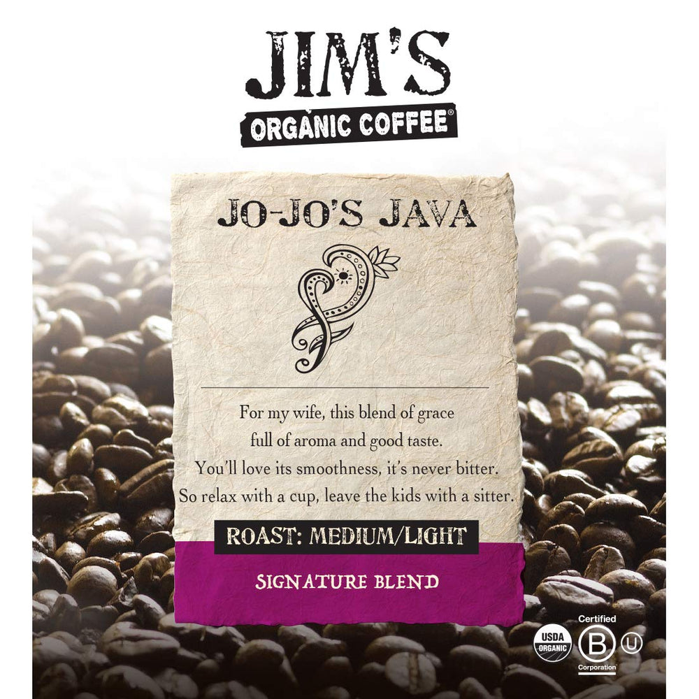 Jo-Jo's Java Blend exterior packaging—shade-grown, regenerative sourcing, premium aroma.