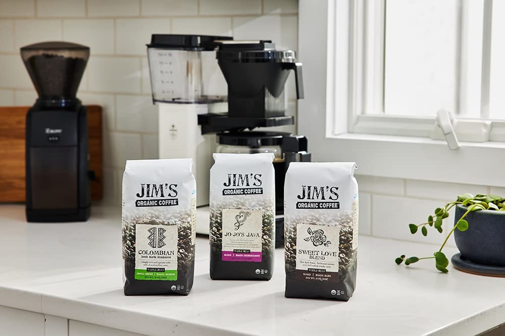 Jim’s Organic Coffee Made in USA badge reinforces quality craftsmanship