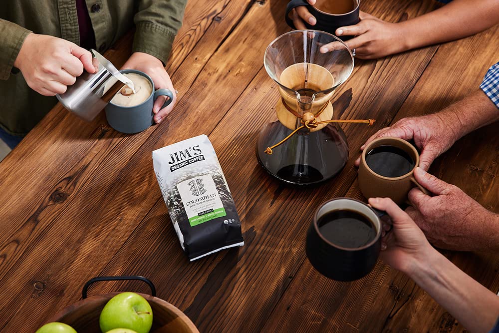 Jim's Organic Coffee medium roast Arabica beans for drip brewing