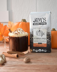Jim's Organic Coffee pumpkin spice bag on shelf – convenient daily indulgence.
