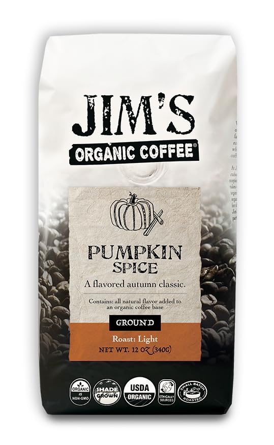 Jim's Organic Coffee pumpkin spice front bag – perfect for cozy autumn mornings.