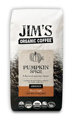 Jim's Organic Coffee pumpkin spice front bag – perfect for cozy autumn mornings.
