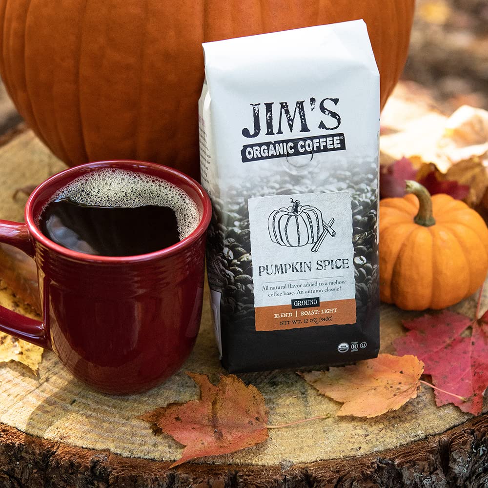 Jim's Organic Coffee pumpkin spice ground coffee – ideal for drip brewing.