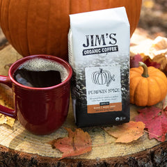 Jim's Organic Coffee pumpkin spice ground coffee – ideal for drip brewing.