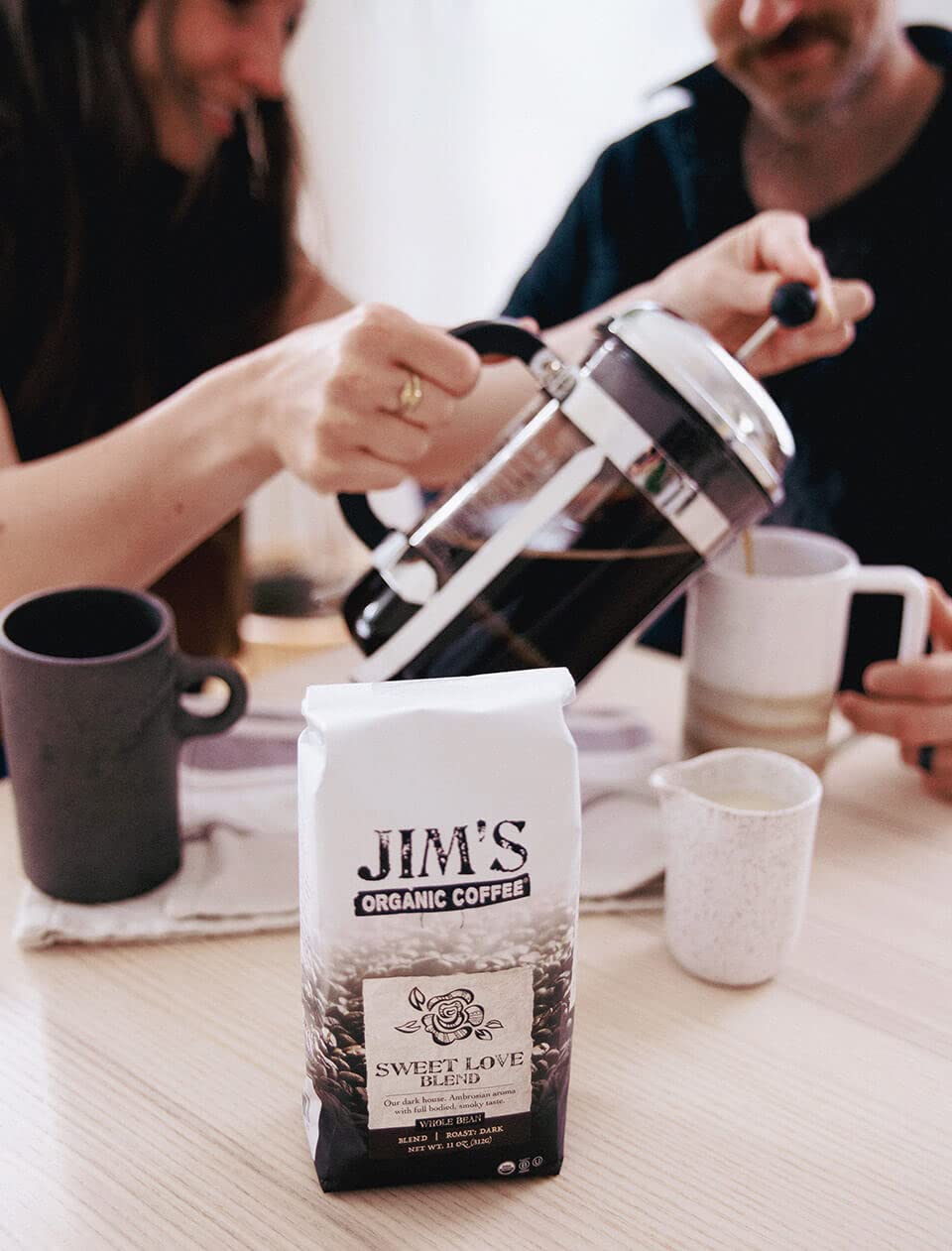 Jim’s Organic Coffee Sweet Love Blend aroma close-up indicating roasting depth