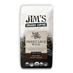 Jim’s Organic Coffee Sweet Love Blend bag front showing bold flavor and organic sourcing