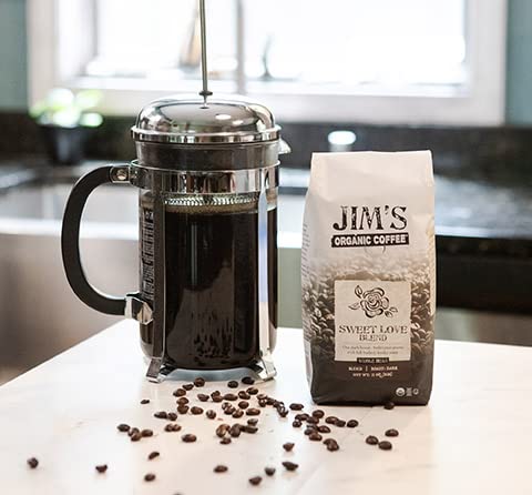 Jim's Organic Coffee Sweet Love Blend dark roast aroma fills your kitchen as you brew.
